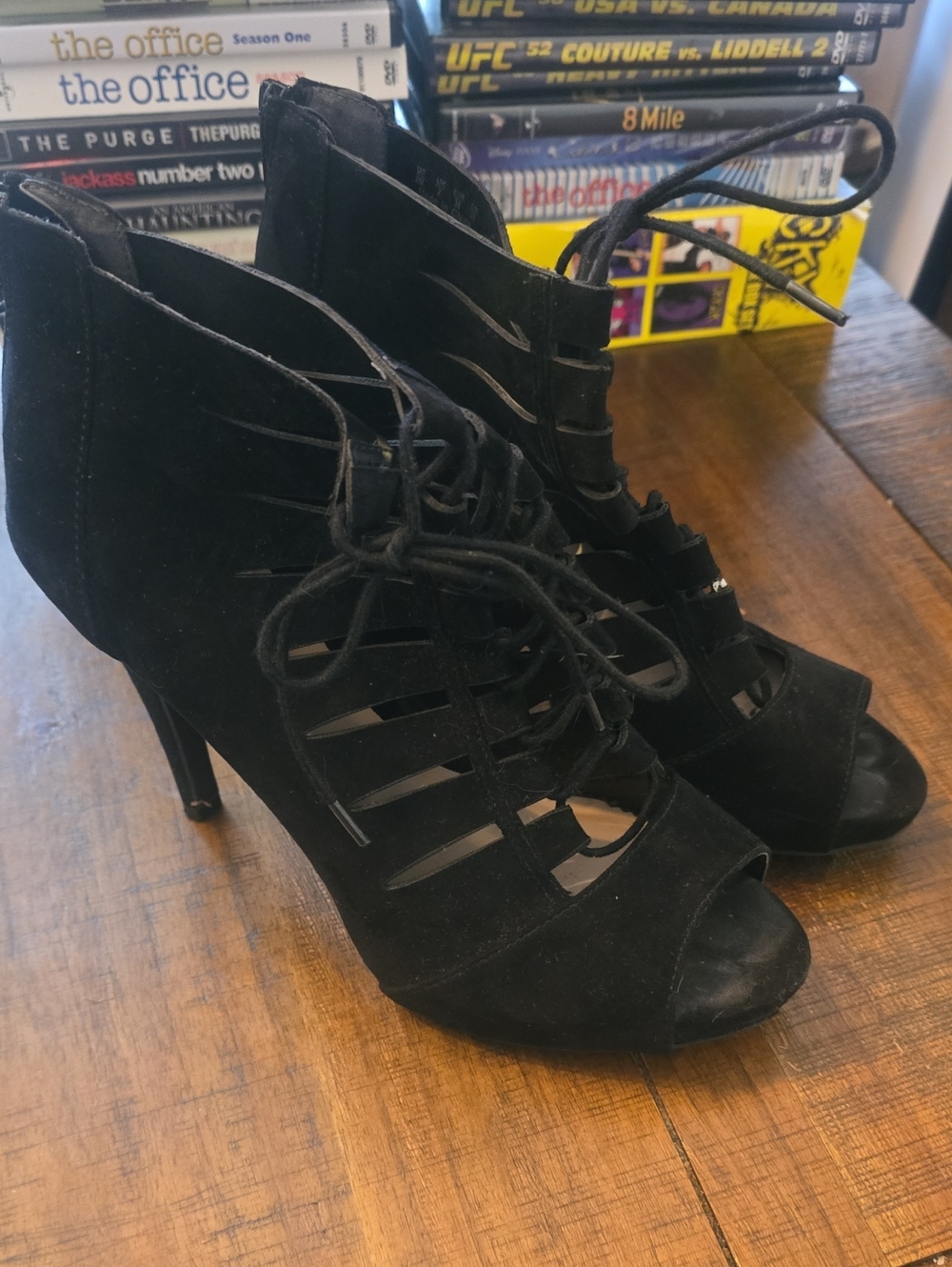 Fergalicious Black Lace-Up Peep Toe Heels